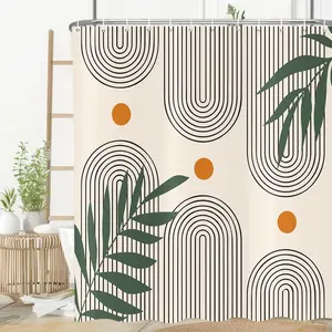 Boho Shower Curtain, Modern Abstract Arch Bathroom Curtain Minimalist Geometric Green Leaves for Home Decor Waterproof Fabric with Hooks, 72x72 Inch