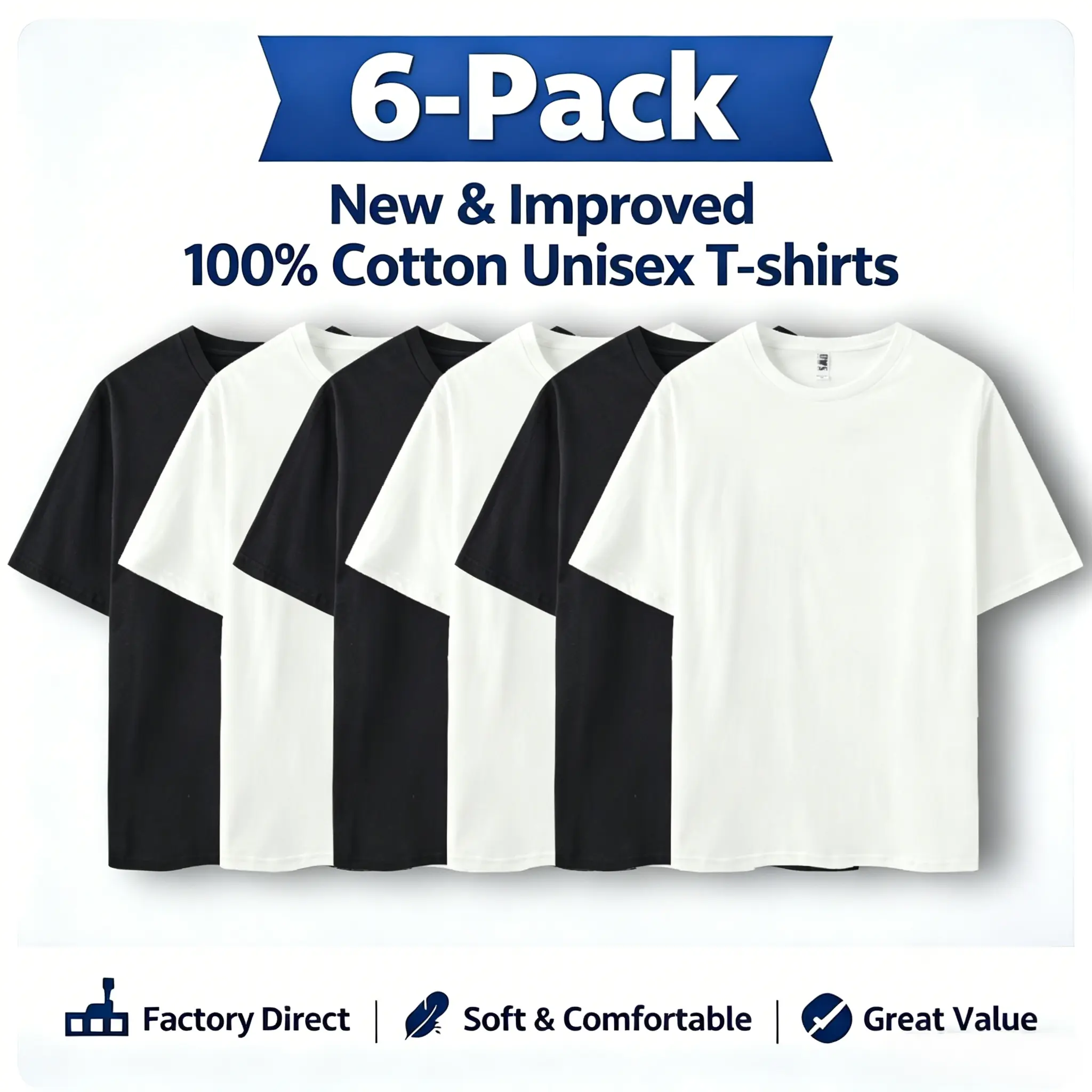 ECOTONE BLANKS Men's 4.3 oz Plain Cotton Round Neck Shortsleeve T-Shirt 6-Pack, Classic Black & White, Factory Direct, Soft Breathable Smooth Fabric, Regular Fit Streetwear Tropical Fashion Clothing, Durable Hem Stitch