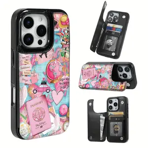 Romantic Pink Travel Track Pattern Leather Card Holder Phone Case, Suitable for iPhone 17 Air/16 Plus/15 Pro Max/14 Pro/13/12/11/XS Max/X Phone Case, Perfect Gift for Thanksgiving and Christmas for Family, Friends, Lovers, Boyfriend, Girlfriend