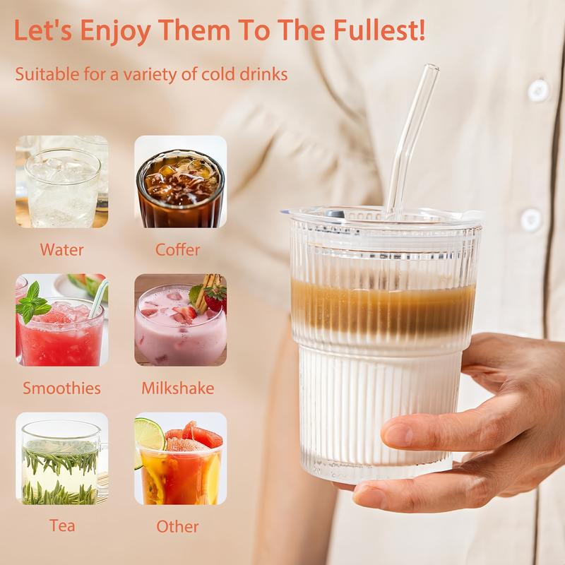 2pcs 14oz Glass Cups with Lids and Straws, Glass Coffee Cups, Iced Coffee Cups with Lids, Smoothie Cup, Tumbler for Whiskey, Cocktail, Juice, Tea, Latte