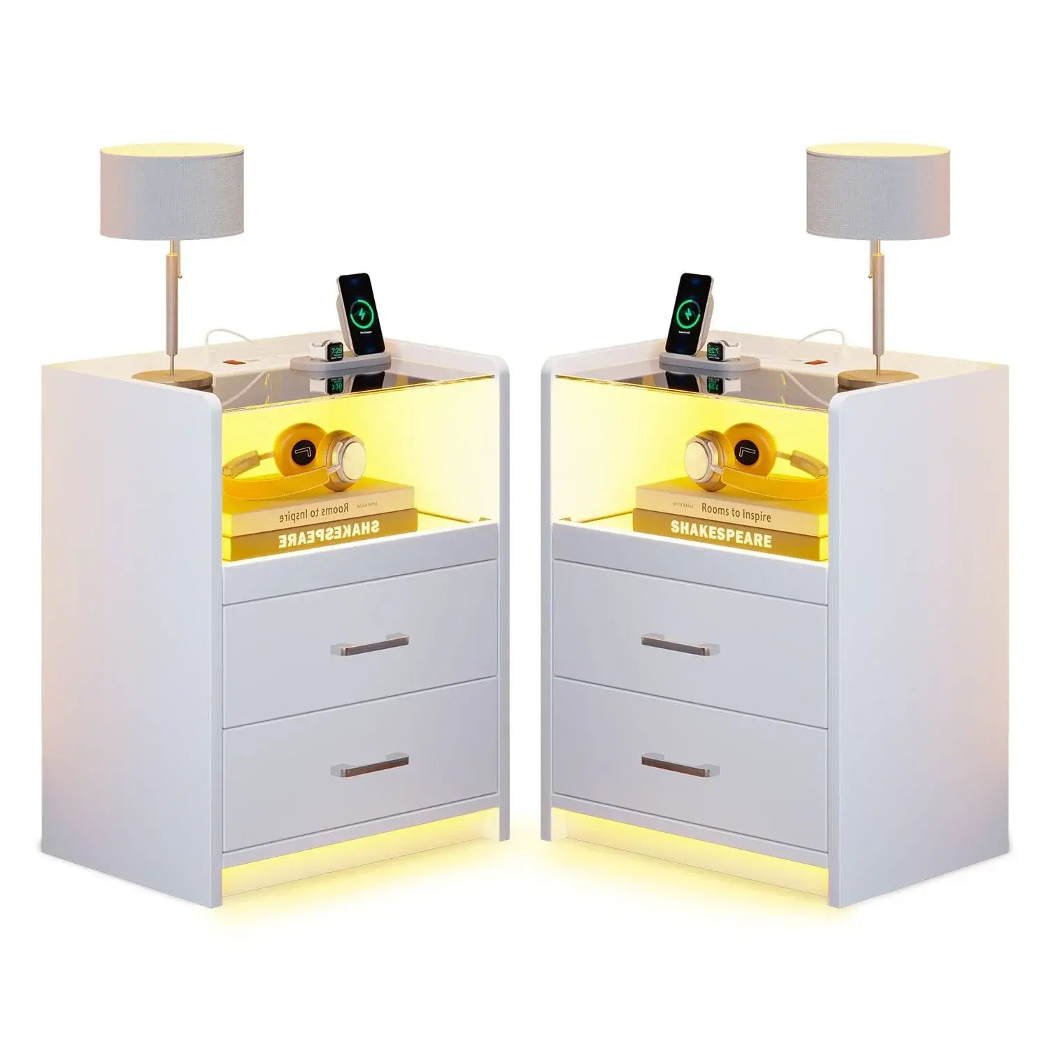 SIKAIC 2-Pack LED Vanity Dresser Nightstands - White Modern MDF Bedroom Storage Furniture Set with 2 Drawers, Tempered Glass, Charging Station, USB and Outlets, 13.6"d x 17.7"w x 23.6"h, 4.9ft Power Cord, Assembly Required, Lighted Vanity Table, Contempor