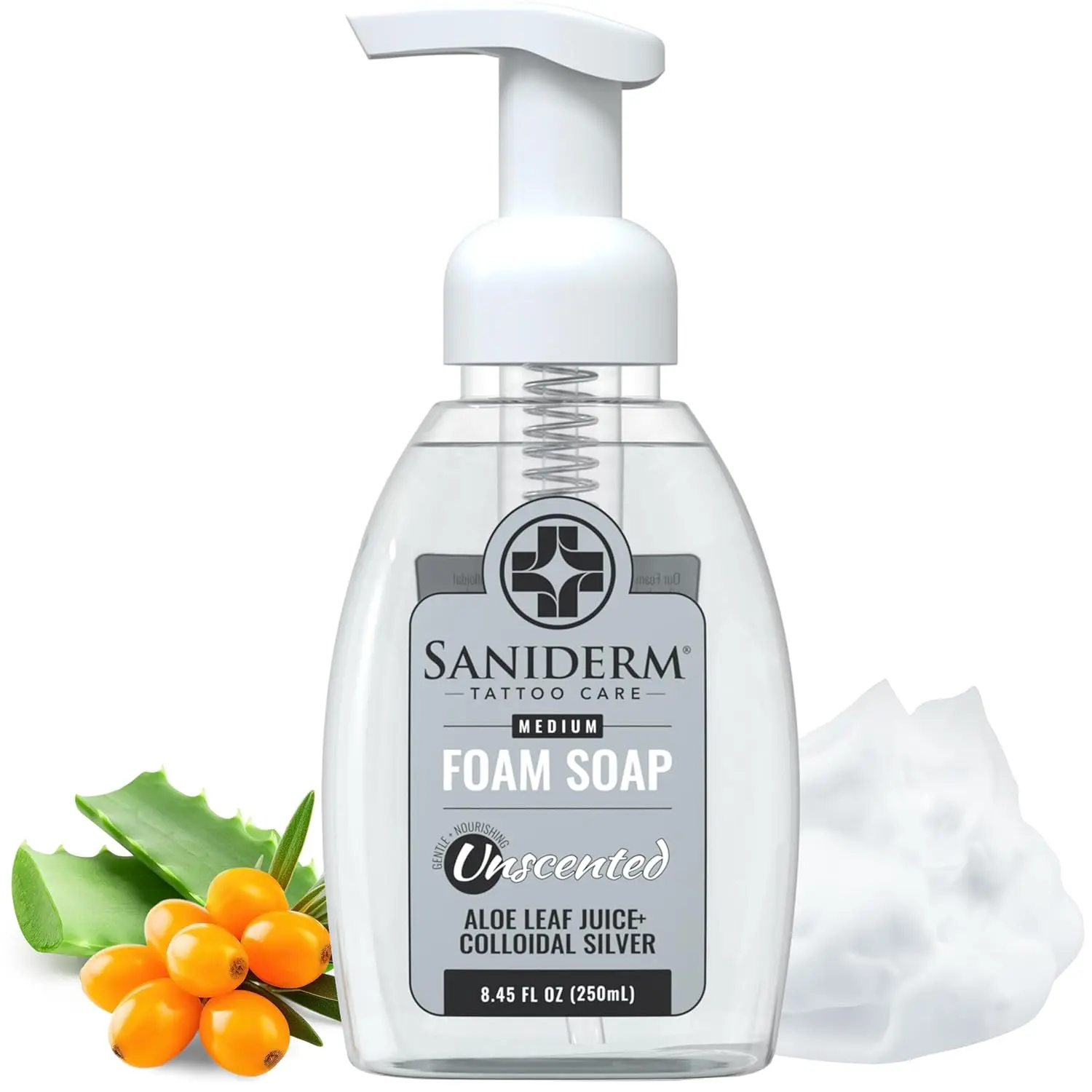 Saniderm Foaming Tattoo Soap (8.45oz Home Size) – Gentle Soap for Tattooed Skin, Infused with Antimicrobial Colloidal Silver, Aloe Vera, and Nourishing Sea Buckthorn Oil