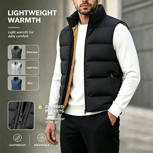 1 piece men’s solid-color stand collar sleeveless cotton vest, no prints, minimalist plain design, zipper pocket and decorative front zipper closure, loose straight fit, suitable for autumn/winter outings, holiday gatherings, and everyday casual layering.