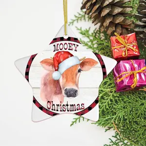 Mooey Christmas Cattle Cow Ceramic Ornament - Circle/Star/Heart/Oval Shapes