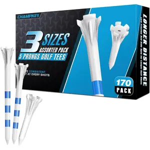 CHAMPKEY Professional 170 Pack 5-Prong Plastic Golf Tees 3 Sizes Assorted Pack - 100 Pcs 3-1/4" with 40 Pcs 2-3/4" and 30Pcs 1-1/2" Golf Tees Plastic