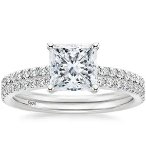 2CT 925 sterling silver bridal ring set, princess cut CZ engagement ring, engagement ring, wedding ring, ladies' Christmas gift