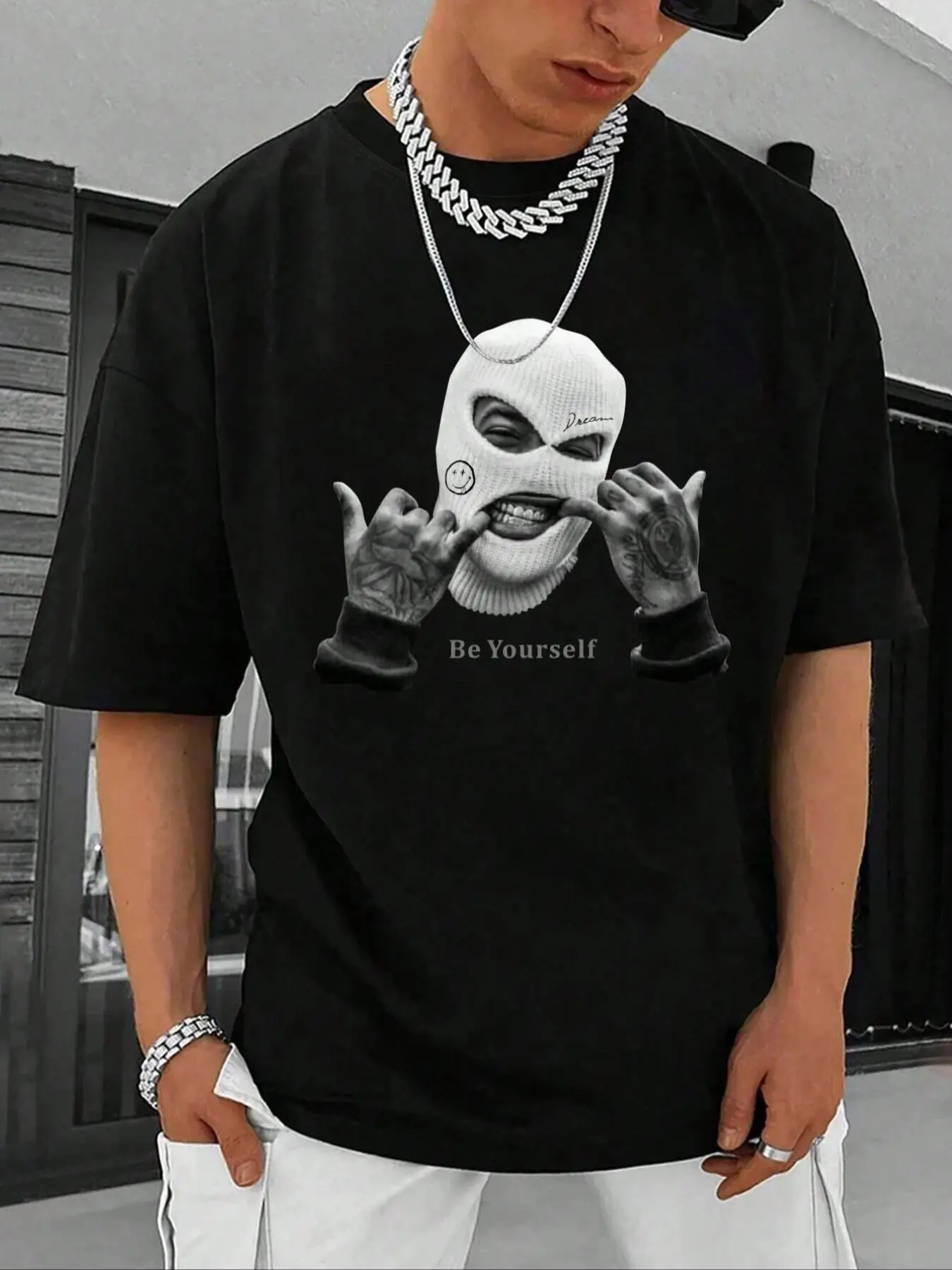 Men's Regular Fit Figure & Letter Print Drop Shoulder Tee, Street Fashion Casual Soft Comfy Half Sleeve Round Neck T-Shirt for Daily Holiday Vacation