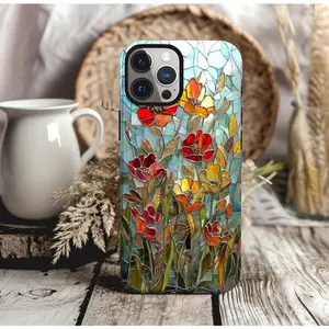 Stained Glass Floral Garden Phone Case | Mosaic Poppy Flower Premium Film 2 in 1 Phone Case - Durable, Shock Absorbing and Stylish Protection - Compatible with iPhone 16, 15, 14, 13, 12, 11, Plus, Pro, Pro Max, Perfect birthday gift for friends.