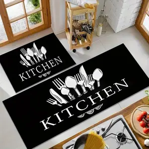 Home Kitchen Rug, Knife Fork 2D Print Mat, Kitchen Utensil Element, Perfect for Home Decor, Bathroom Rug, Anti-Slip, Fall Theme Set