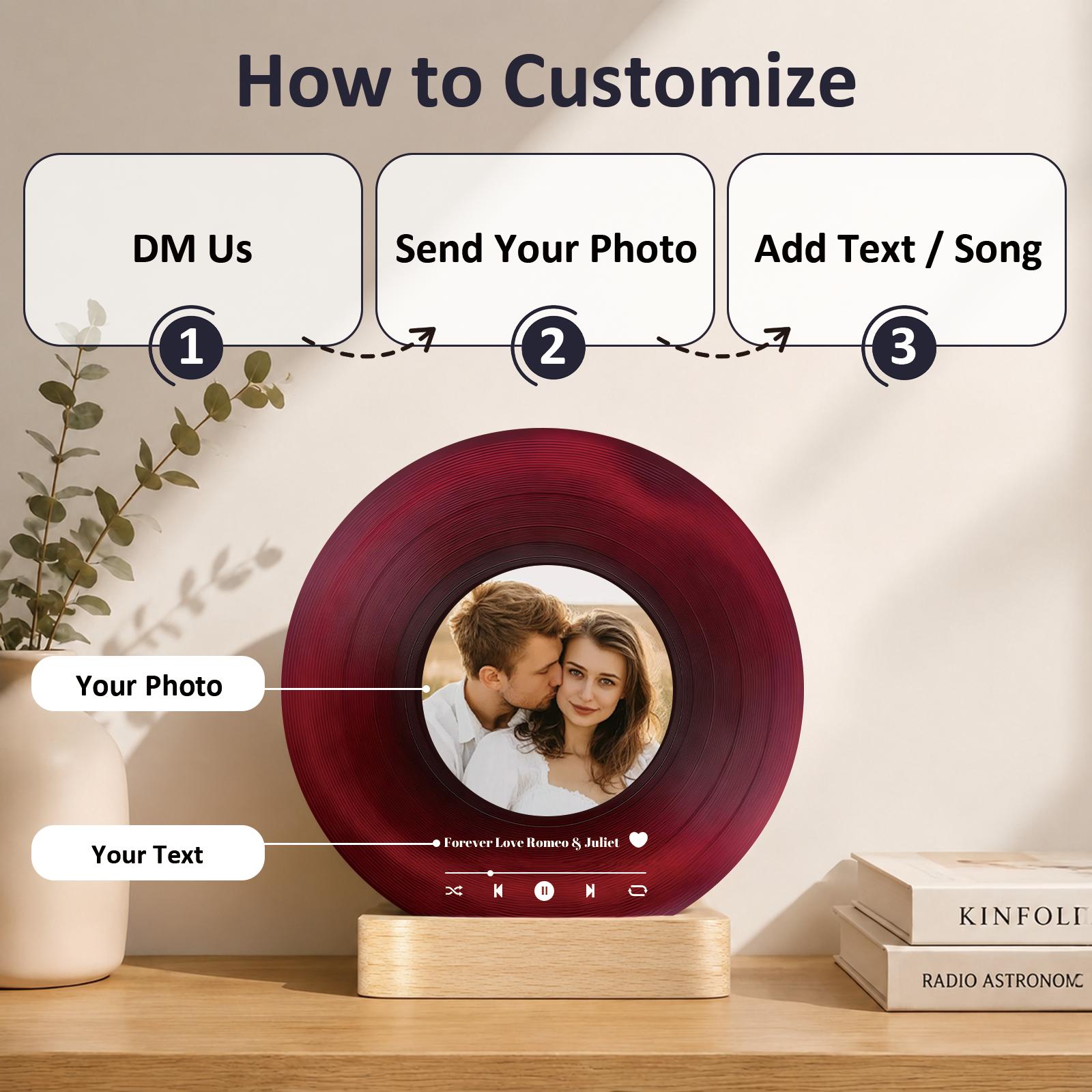 [HKZZ.Made] Custom Spotify Vinyl Record Acrylic Plaque with I-Shaped Base (5.9/7.9/11.9in), Retro Music Disc Design, LED Atmosphere Light, Personalized Photo Art Decorative Piece, Cool Gift for Music Lovers