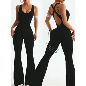 Women's seamless leopard print vest jumpsuit, a sporty and comfortable jumpsuit with a cross buckle design on the back, high waist and hip lifting, ideal for outdoor yoga and runningRAIMENTRY