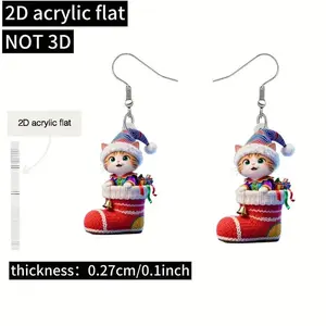 New Kawaii Cat Christmas Red Socks Earrings 2D Flat Acrylic Christmas Cat Earrings Party Friends Women's Earrings Jewelry Gift