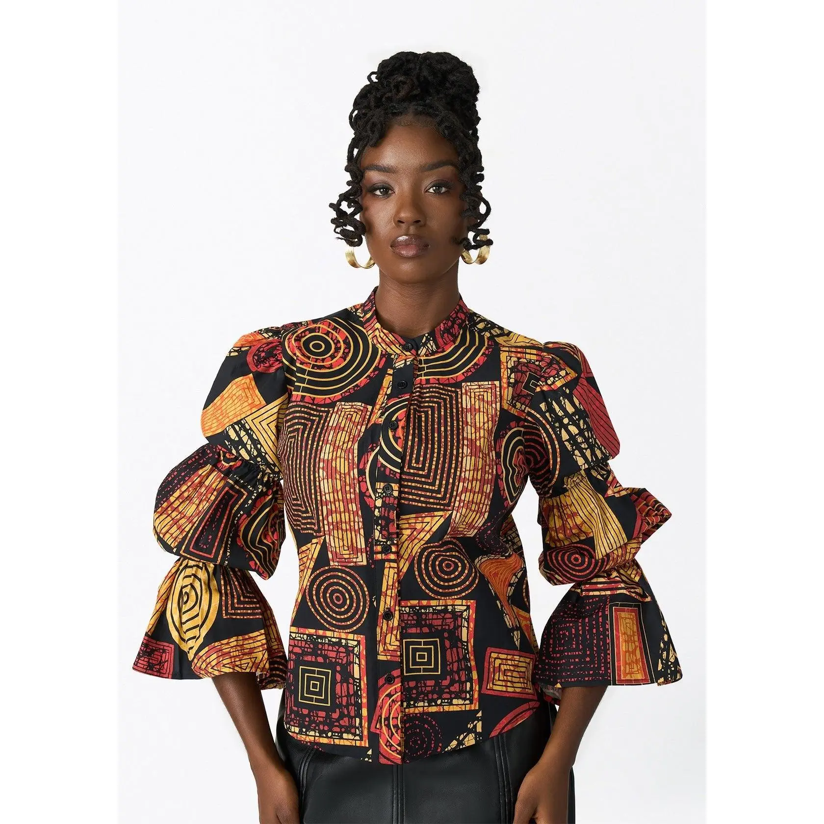 Manyara Women's African Print Peplum Blouse (Black Cinnamon Geometric)