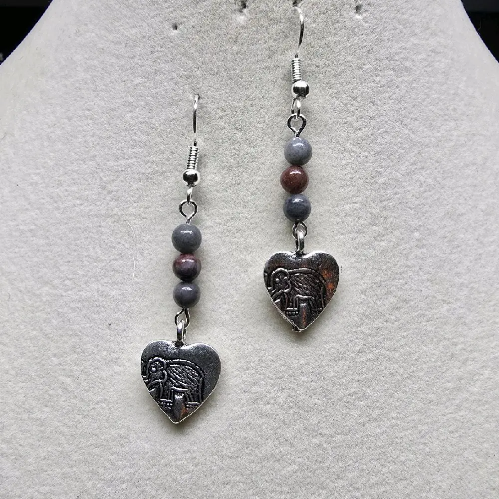 Elephant Love Dangle Earrings with Heart Charms and Beads - Silver Tone Jewelry