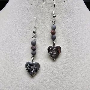 Elephant Love Dangle Earrings with Heart Charms and Beads - Silver Tone Jewelry