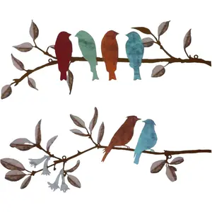 2Pcs Metal Birds Wall Art Decor Vivid Birds on Branch with Leaves Rustic Wall Decor Waterproof Metal Sculpture Hanging Sign for Home Balcony Garden Indoor Outdoor(Colorful)