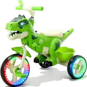 Dinosaur Tricycle for Toddlers, Kids Trike with Music, LED,  for Rider, Big Wheel, Storage Basket, Horn, Toddler Bike for Boy, Dinosaur Toys for Kids 3-4 4-7