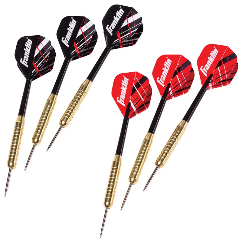 Franklin 8054127 Assorted Color Brass-Coated Steel-Tip Darts - Cast Iron & Nylon Construction, 1.96 lbs, 6 Nylon Dart Flights, Pack of 4 for Dart Toss Games