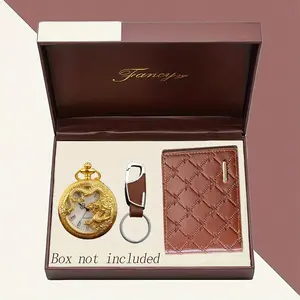 3-Piece Set Quartz Movement Large Pocket Watch, Hollow Dragon Carving Roman Numeral Dial, Dragon Pattern Necklace Keychain Wallet Card Holder