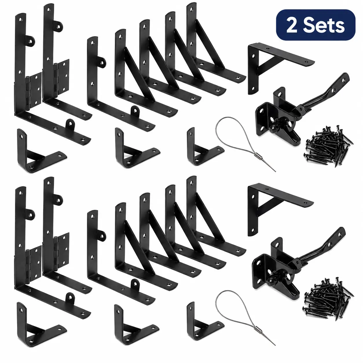 2 Sets Metal Gate Support Hardware Kit - Heavy-Duty Steel Anti-Sag Solution for Outdoor Wooden/Shed Gates, Self-Locking Latches & Corner Braces to Reinforce Weak Corners, Improve Frame Stability & Keep Better Aligned, Farm Gates