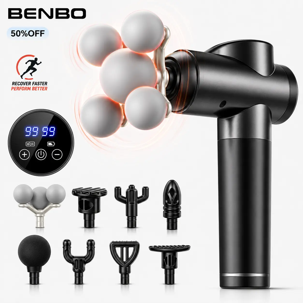 BENBO Massage Gun for Athletes, Deep Tissue Percussion Muscle Massager with 99 Speed Levels and 8 Massage Heads, Portable Rechargeable Fascia Massager for Post-Workout Recovery, Back, Shoulders, Arms and Legs