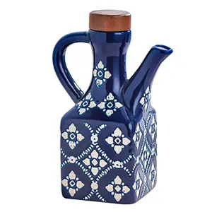 Olive oil bottle, ceramic oil pot with wooden lid and handle, Cooking Oil Container, blue and porcelain design, square storage for seasonings, kitchenware, kitchen storage solution, Dispensers