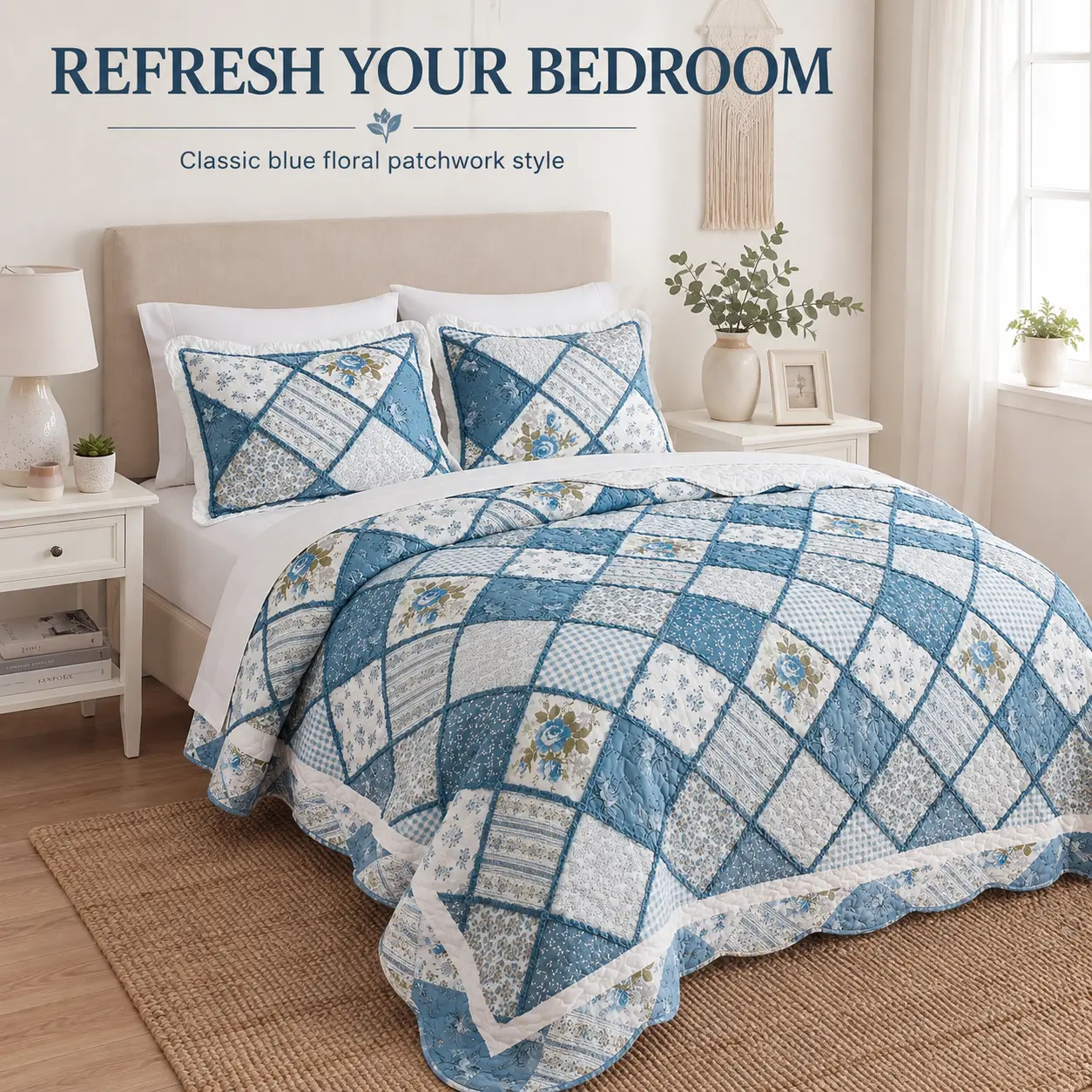 Blue Floral Patchwork Quilt Set, Polyester Quilted Bedspread Coverlet with Matching Pillow Shams, Cottage Bedding for Twin, Queen and King Beds