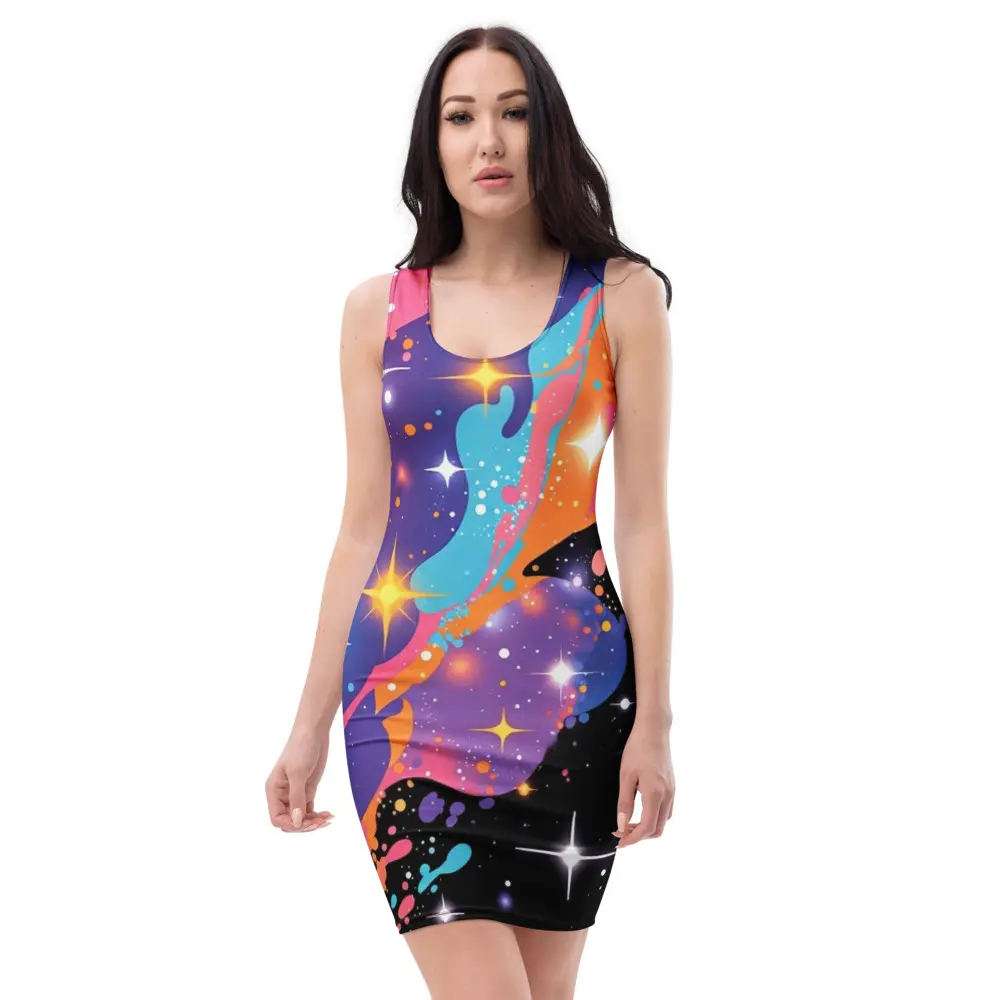 Cosmic Galaxy Swirl Bodycon Dress, Pink Blue Purple Starry Sky Fitted Sleeveless Dress, Colorful Space Racerback Dress, Trendy Bold Statement Dress, Chic Party Dress, Night Out Outfit, Gift for Her