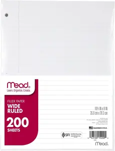 Mead Loose Leaf Paper, Wide Ruled Filler Notebook Paper, 8" x 10-1/2", 200 Sheets, Fits 3-Ring Binder (15200)