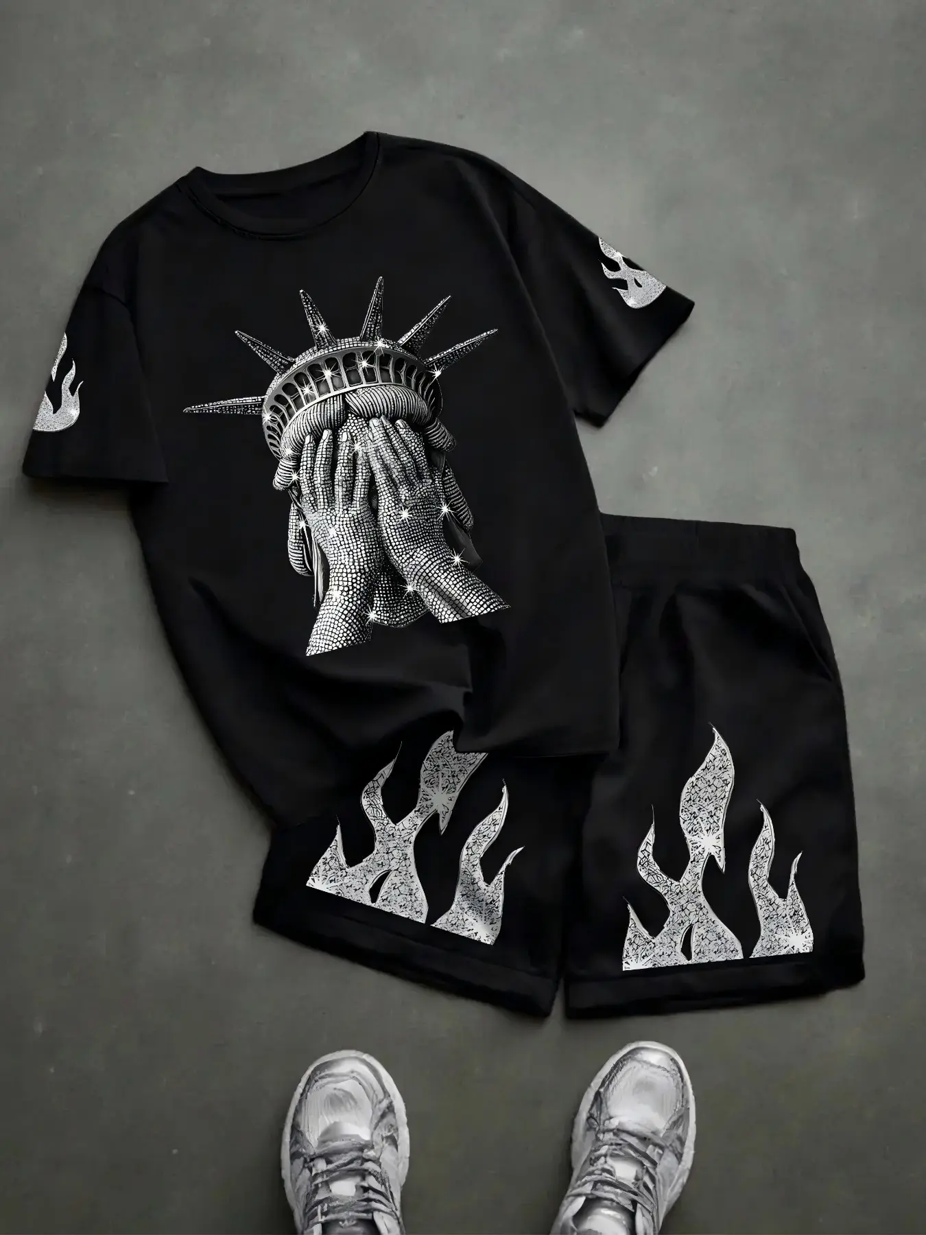 Liberty Statue Fun Print Short Sleeve Shorts Set, Streetwear Casual, Men's & Women's Home Wear, Comfortable Breathable Clothes