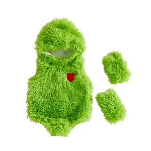 Kupretty Newborn Infant Baby Girls Christmas Romper Green Sleeveless Plush Hooded Jumpsuit with Leg Warmers Halloween Monster Costume 0-24 Months