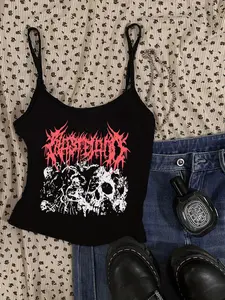 Women's Skull Print Crop Cami Top, Y2K Adjustable Strap Top for Daily Wear, Ladies Clothes for All Seasons, Camisole Tops, Casual Sleeveless Cami