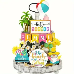 Summer Themed Tiered Tray Decor, 12pcs/set Wooden Sign Ornament without Tray, Desktop Decoration for Home Living Room Bedroom, Home Decor