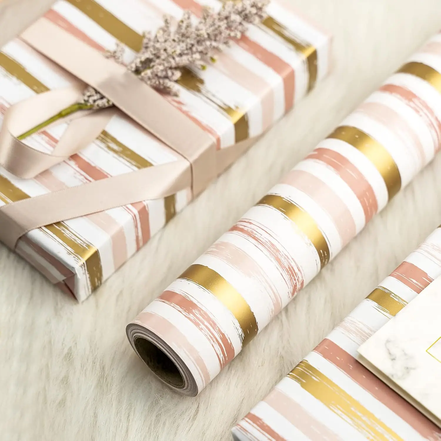 WRAPAHOLIC Pink Reversible Wrapping Paper, Elegant Pink & Gold Line Design Gift Wrap Roll for Girls Birthday, Baby Shower, Wedding & Bridal Shower Gifts,17 Inch X 33 Feet