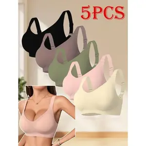 5-Pack Women'S Wireless Jelly Bras, Mature Style, Solid Color, Comfortable Breathable Knit Fabric, T-Shirt Bra with Removable Pads, Adjustable Straps, U-Back Design for Daily Wear Womenswear Basic Minimalist Everyday