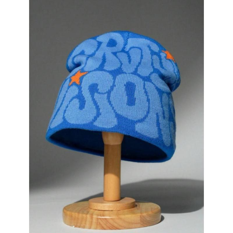 Men’s Letter Jacquard Spider Web Knit Hat Street Style Warm Beanie for Fall and Winter Fashionable Casual Winter Headwear