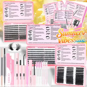YIDUO 7 Styles Cluster Eyelashes Kit 3 Pack D Curl Fluffy Thick Individual Lashes 60D-100D 3D Natural Volume 10-18mm 652Pcs Home DIY Lash Extension Full Tools Set