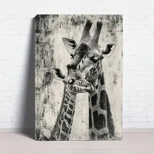 1pc (Framed Frameless Poster Optional),Vintage-Style Giraffe & Youngsters Canvas Wall Art - Elegant Black And White Framed Print, Perfect For Home Decor & Gifting On Valentine's Day Or Easter, Giraffe Decor,Wall Decor,Canvas Wall Art,Framed Wall Art,High