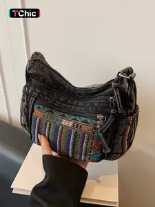 Street style fashionable retro personalized patchwork ethnic style shoulder bag, multi zipper pocket design, casual versatile practical crossbody bag, adjustable shoulder strap, suitable for daily shopping and commuting