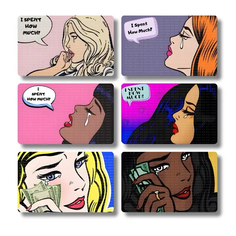 2 PACK Money Tears Card Skin- Graphic Design Featuring Woman with Speech Bubble Sticker Sleeve Vinyl Stickers, Front Sticker Only