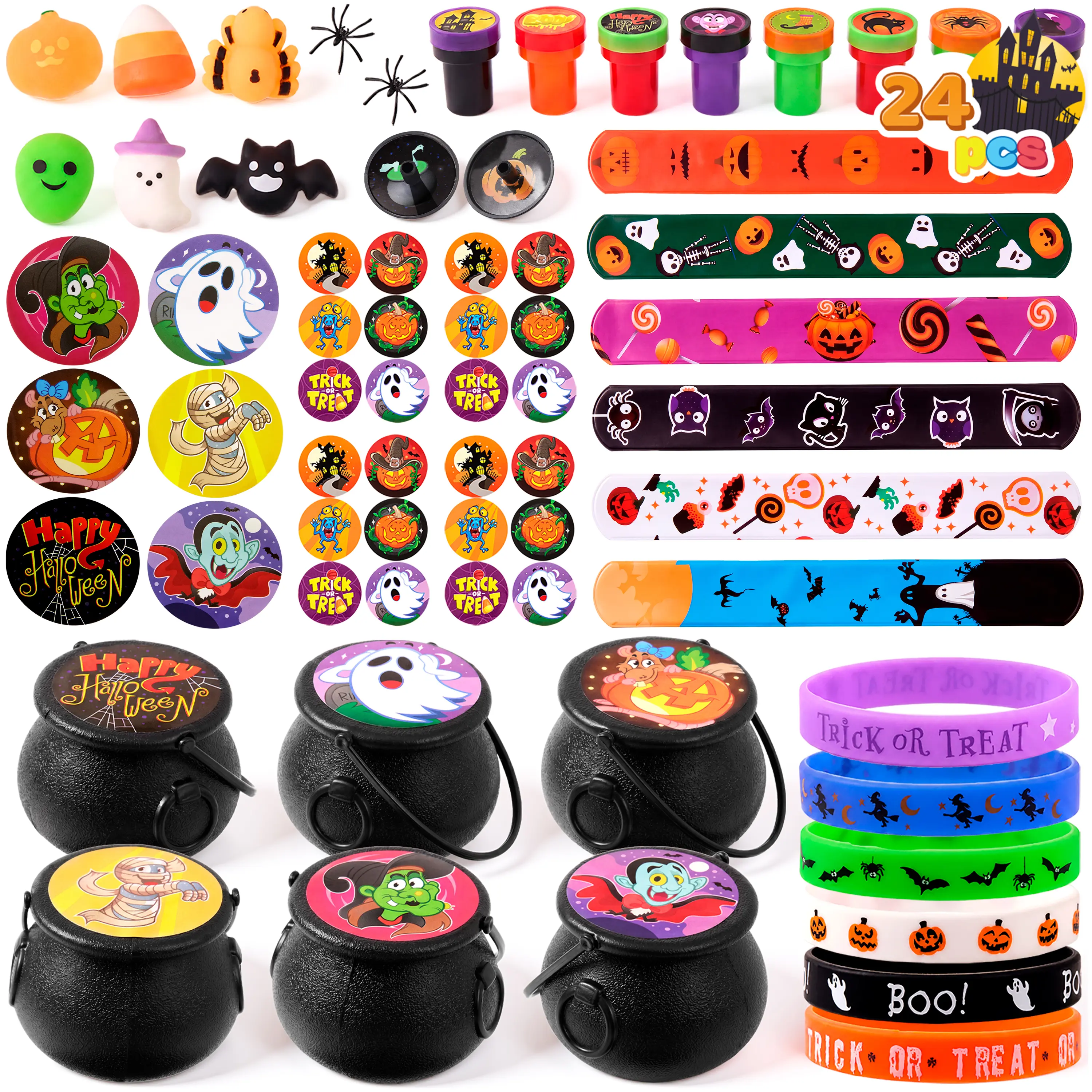 144 Pcs Halloween Toy Gifts for Kids, 24 Packs Prefilled Mini Pumpkin Buckets for Kids Halloween Party Favors Trick or Treat 144Pcs Witch's Jar (24 Packs)