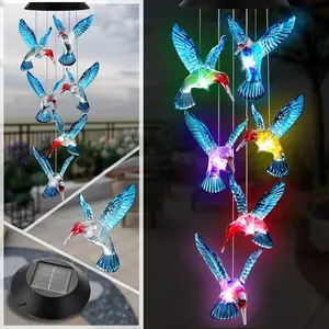 Solar Wind Chimes - Outdoor Color Changing Light Up Wind Chimes - Memorial & Birthday Gifts for Mom - Hummingbird Design (Blue)