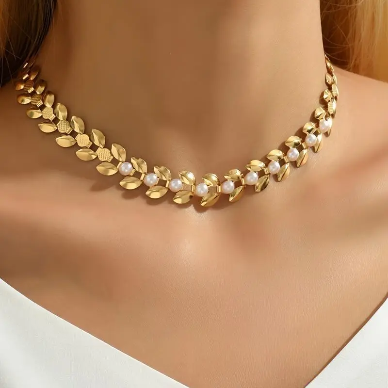 Women's Retro Vintage Golden-Tone Wheat Ear Choker Necklace with Faux Pearls - Adult Costume Jewelry for Casual Daily Wear, Everyday Wear, Adults, Female