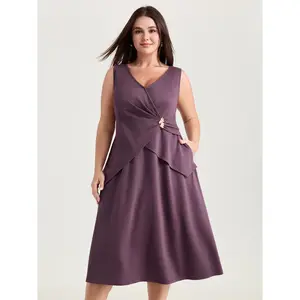 BLOOMCHIC Women's Plus Size Casual Lady Clothes - Supersoft Spandex Midi Dress with Side Knot, Metal Detail, Sleeves, Pocket, Flattering Fit - [M-6X] Fabric Garment 2026 Summer Vibes Swimweek
