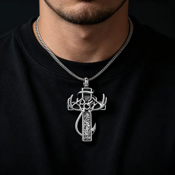Men's Standard-Length Stainless Steel Engraved Cross-Antler Urn Necklace with Christian Bible Verse, Secure Urn Pendant, Steel Chain Included, Memorial Gift for Graduation/Birthday, Ashes, Great For Memorials, Antler Cross