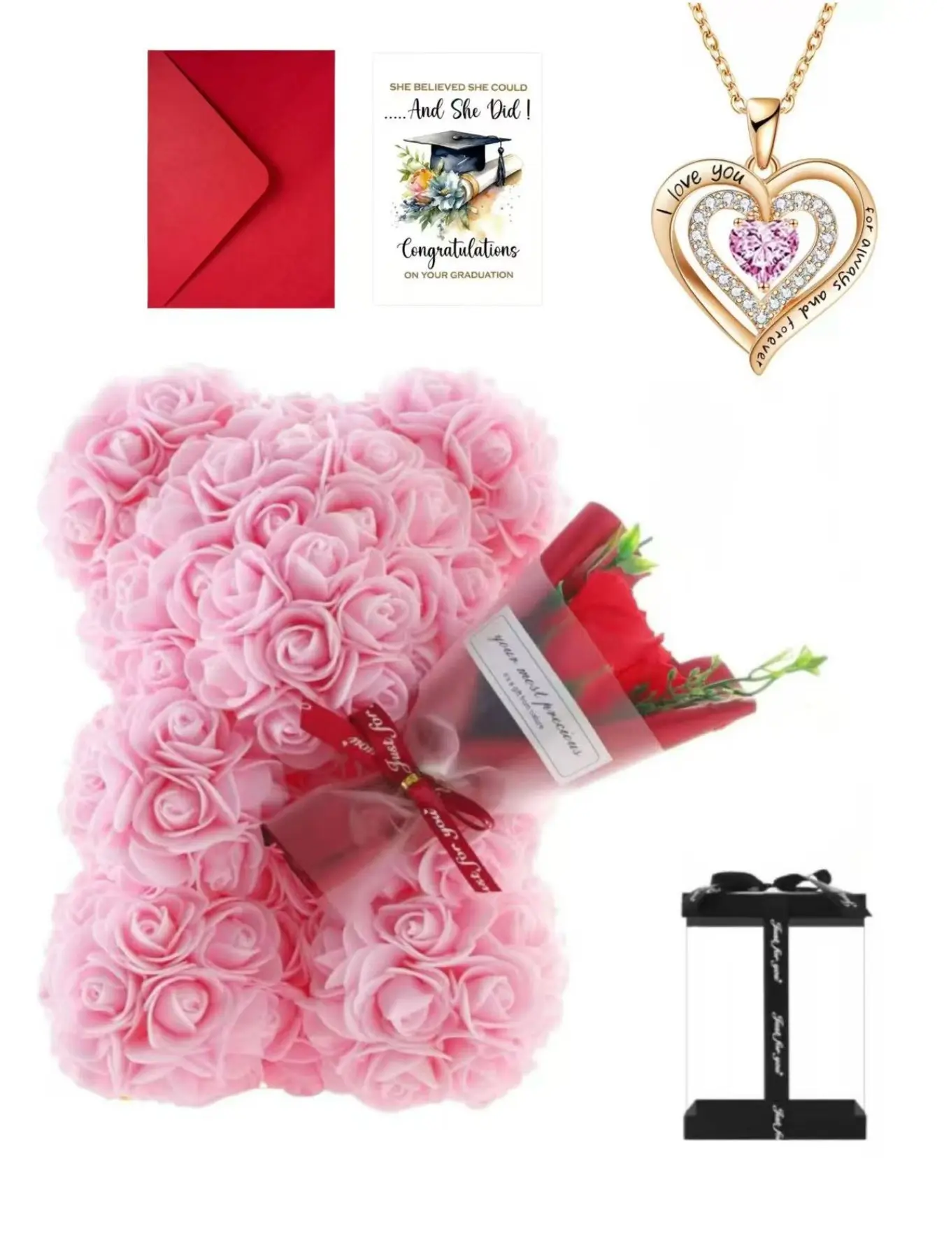 Handmade Rose Bear Bouquet Necklace Set, Heart Gemstone Graduation Gift Box, Friendship and Love Present for Classmates and Girlfriend, Dainty Necklaces, Hearts Pendant Necklace