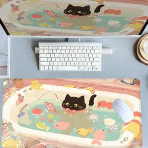 Black Cat Fish Bathtub Mouse Pads Extra Large Computer Desk Top Mat Mouse Pad for Laptop Mouse Desk Pad Desk Mats with Non - Slip Rubber Base Stitched Edge for Home and Office