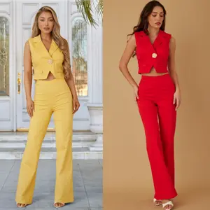 VEST BLAZER PANTS SETS - PADDED SHOULDER BLAZER VEST DETAIL - SINGLE GOLD PIECE METAL DETAIL - OPEN POINTED CROP CUT - FULL ZIPPER ON THE BACK - FLARE STRETCH PANTS