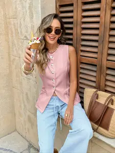 Sweet Pink Sporty Waist-Cinched Sleeveless Buttoned Vest French Gentle Sporty Pink Waist-Cinched Sleeveless Stylish Vest Trendy Effortless Sporty Pink Waist-Cinched Sleeveless Office Athleisure Vest