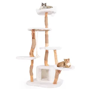 COSTWAY - 66 Inch Tall Solid Wood Cat Tree Modern Wooden Cat Tower with Perch-White